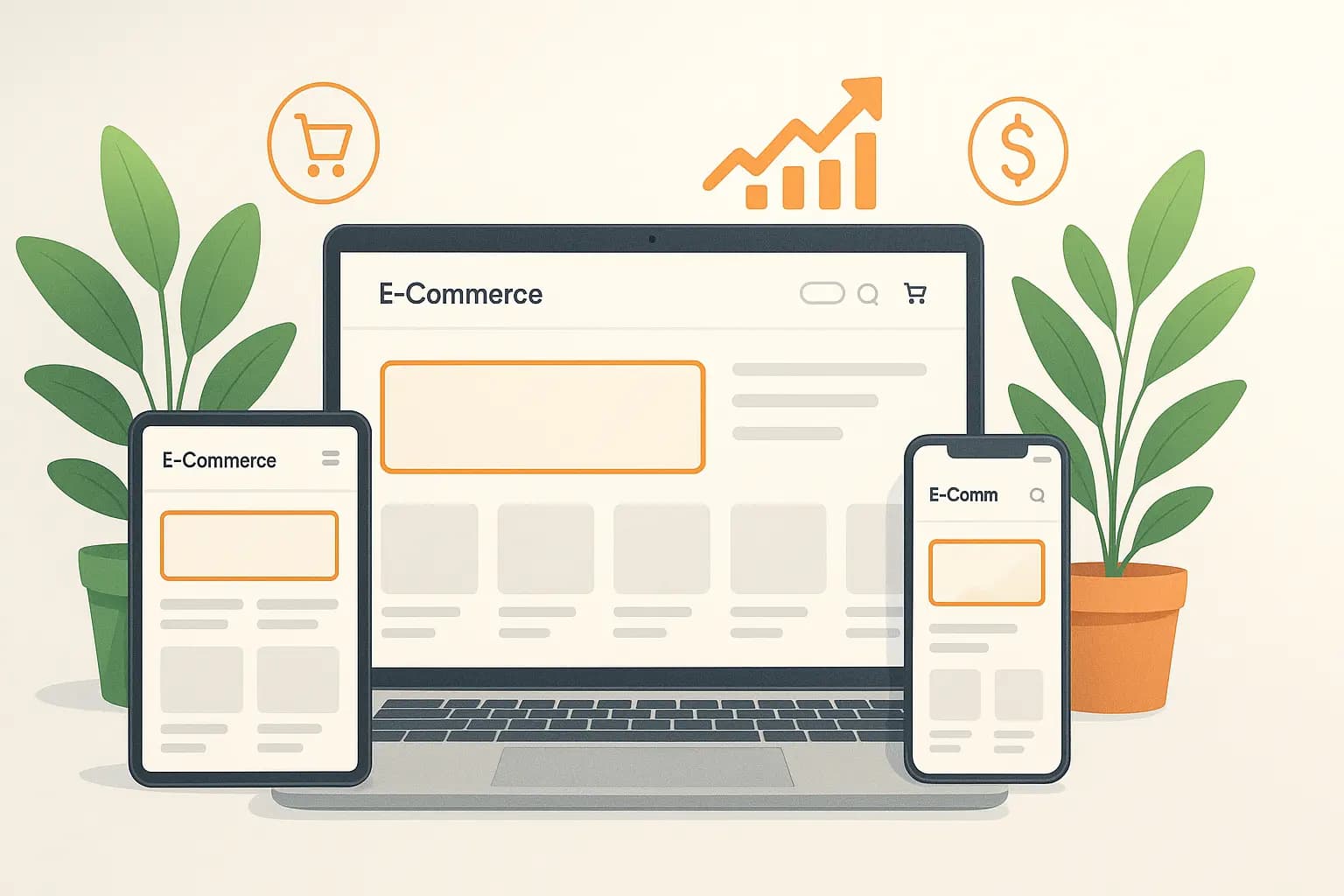 Multi-device ecommerce layouts with sales growth charts