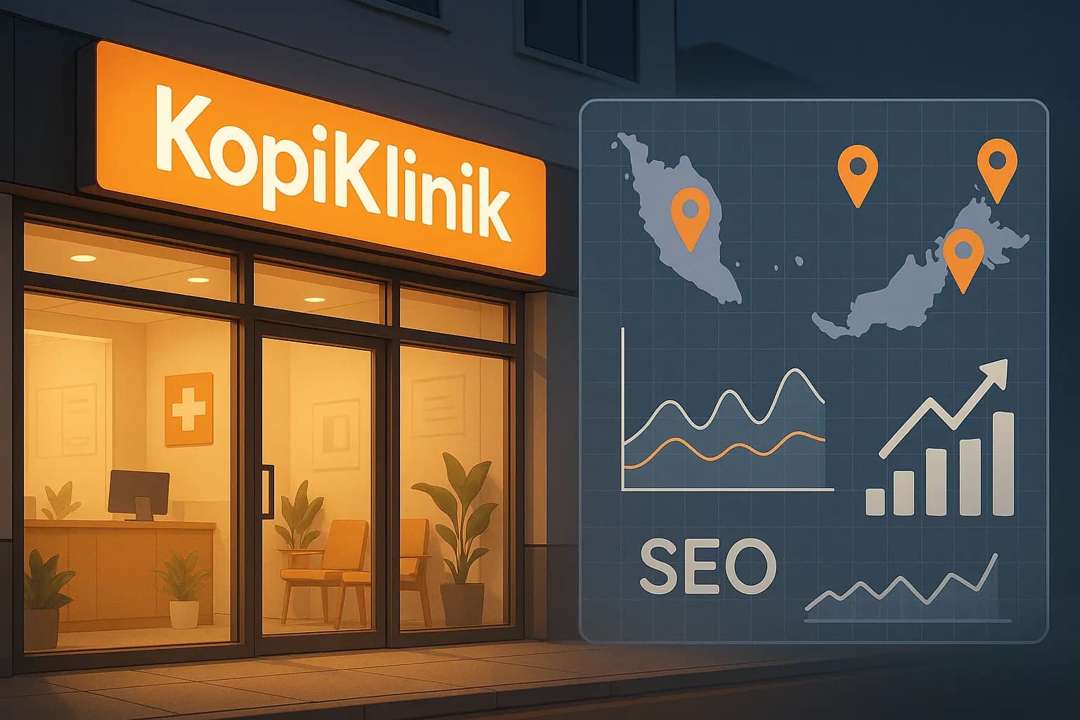 KopiKlinik storefront with SEO analytics overlay